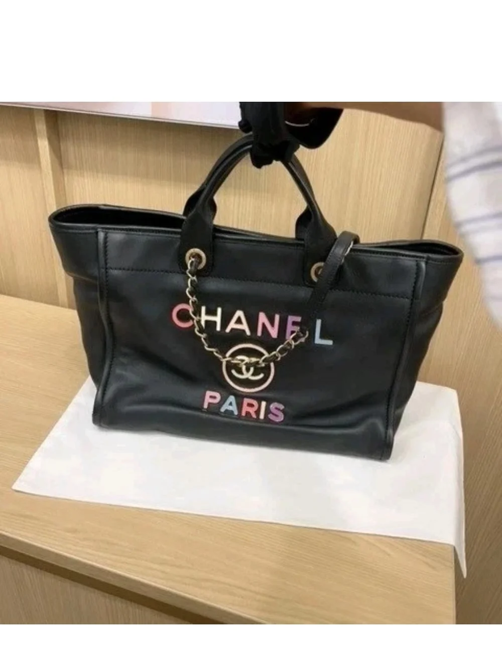 Chanel Deauville Black Leather Tote Bag w Enamel Lettering